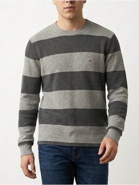 Tommy Hilfiger Men's Striped Crewneck knit in Light Gray and Dark Gray